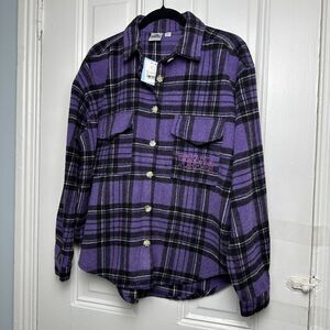 Black Panther Wakanda Forever Shirt Womens Purple Black Plaid Shacket NWT